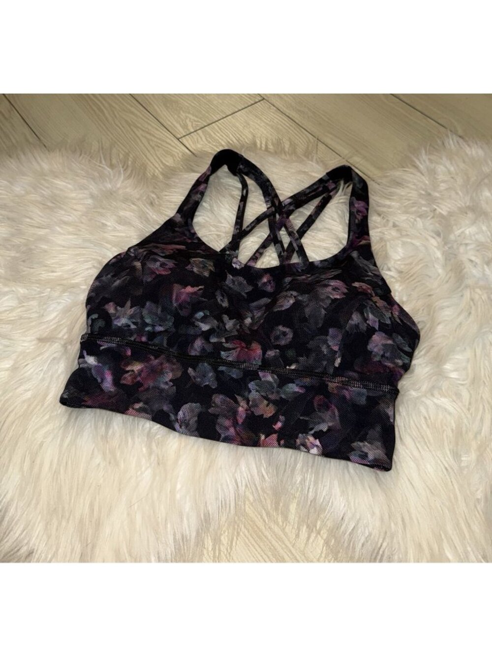 Lululemon Energy Longline Strappy Sports Bra Floral WF Womens Size 4 Black